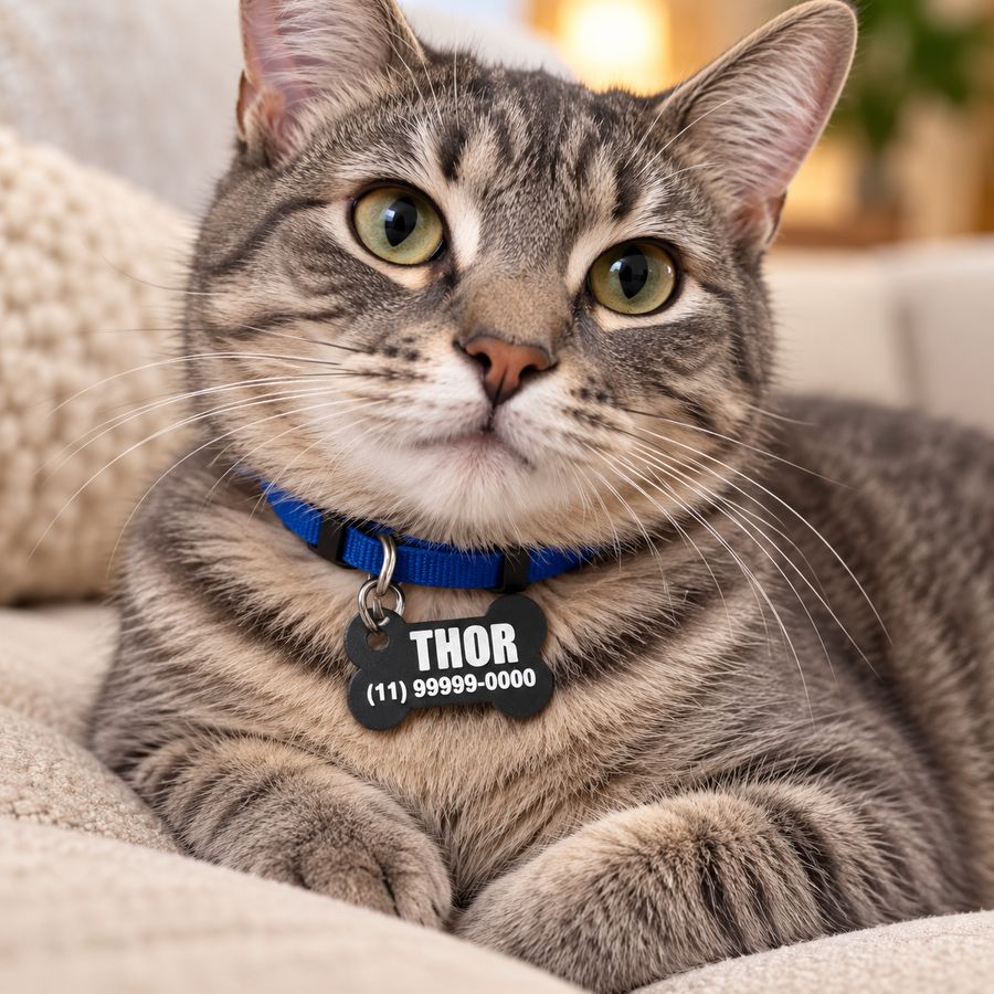 Gato com a plaquinha preta de osso na coleira